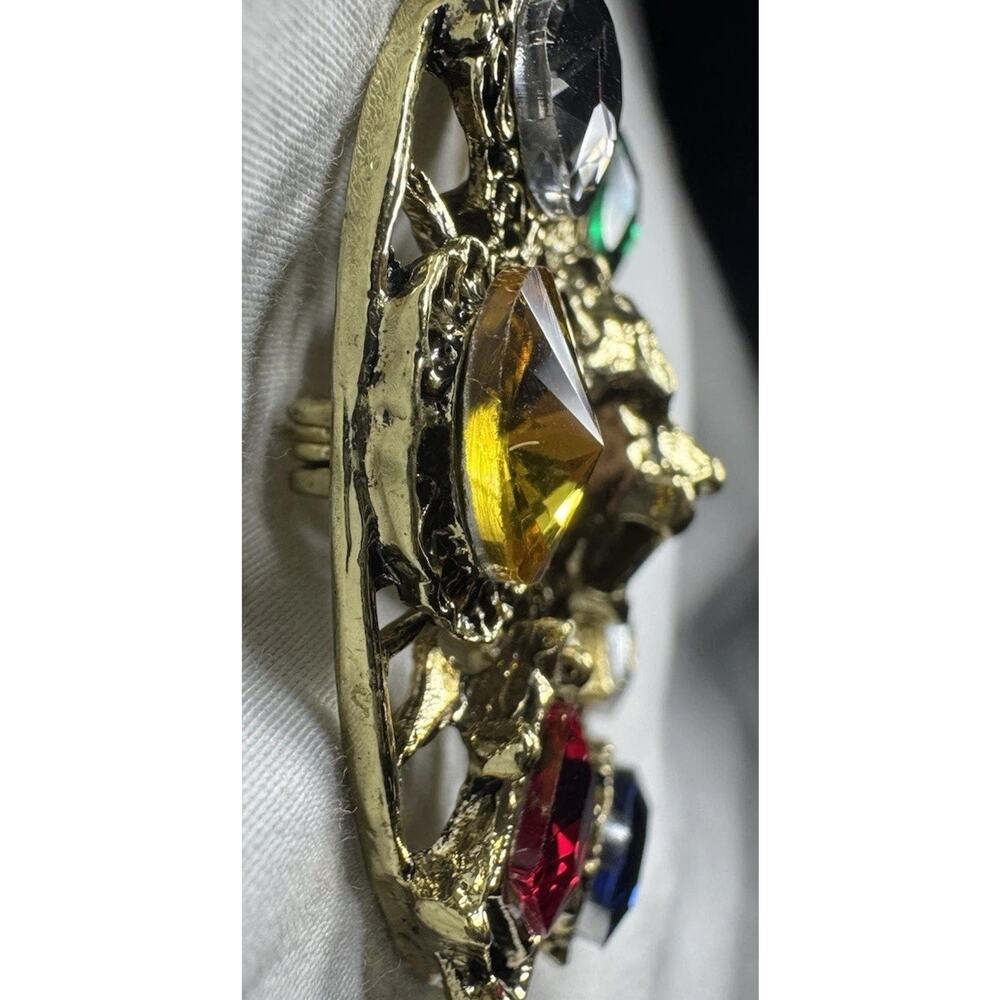 Lion Head Fleur De Lis Brooch Pin Gold Tone Multicolor Rhinestone Statement NEW - Picture 4 of 7